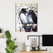Poster OISEAUX D'AMOUR D'HIVER DANS LA NEIGE Noir Blanc (Bureau à domicile)