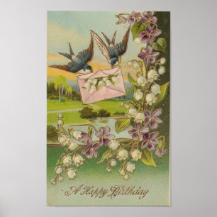 Poster Oiseaux d'anniversaire vintages Fleurs violettes