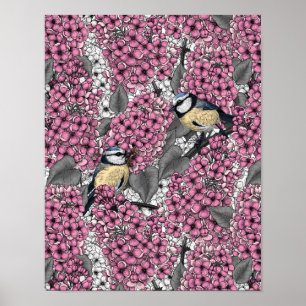 Poster Oiseaux dans le jardin lilas rose