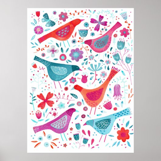 Poster Oiseaux d'aquarelle dans un jardin de fleurs peint (Devant)