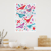 Poster Oiseaux d'aquarelle dans un jardin de fleurs peint (Cuisine)