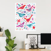 Poster Oiseaux d'aquarelle dans un jardin de fleurs peint (Bureau à domicile)