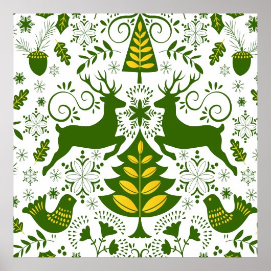 Poster Oiseaux de cerfs en fleurs de Noël or (Devant)