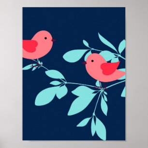 Poster Oiseaux de corail sur une branche d'aqua, Décor de