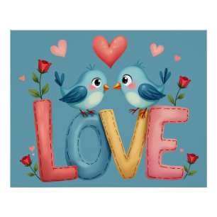 Poster Oiseaux de l'Amour Fantaisistes Art Pastel Cottage