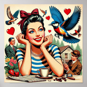 Poster Oiseaux de l'amour rétro