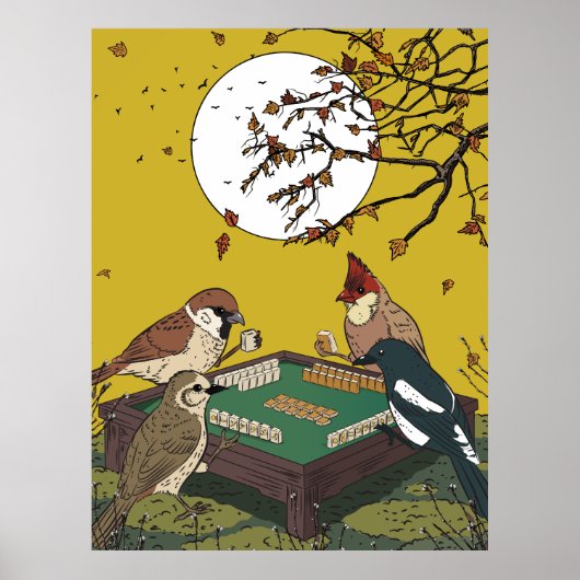 Poster Oiseaux de Mahjong jouant au jeu (Devant)