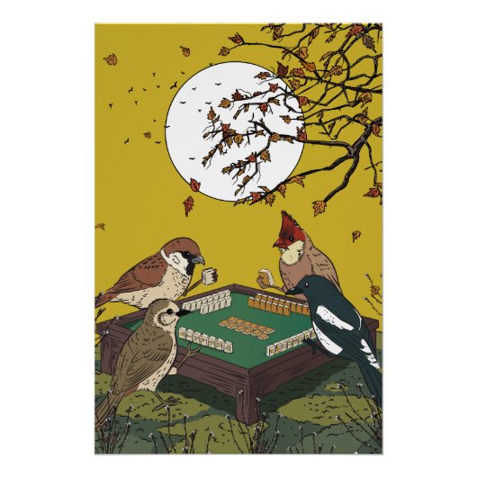 Poster Oiseaux de Mahjong jouant au jeu (Devant)