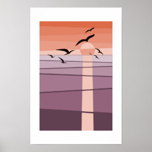 Poster Oiseaux de mer en vol au coucher du soleil Art ora