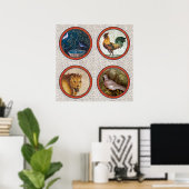 POSTER OISEAUX DE MOSAÏQUES ROMAINES ANTIQUE, ROOSTER ET  (Bureau à domicile)
