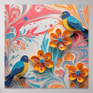 Poster Oiseaux de papier et d'art floral - Créatif