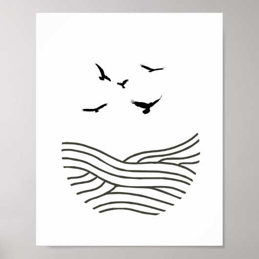 Poster Oiseaux d'encre minimalistes Mer RésuméArt en noir (Devant)