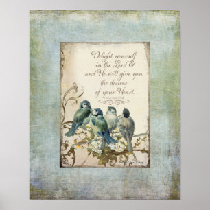 Poster Oiseaux des bois - Bleus sur une branche Florale