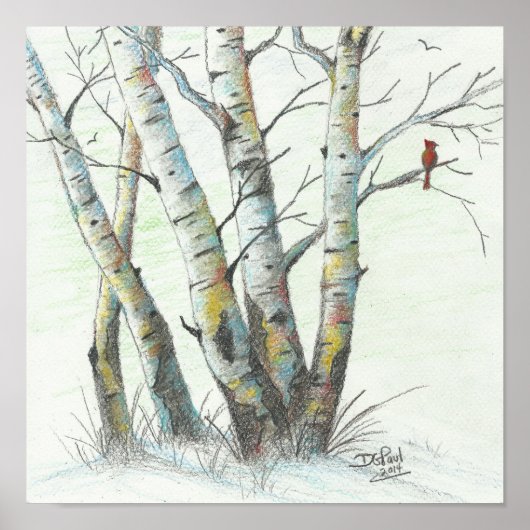 Poster Oiseaux d'hiver Art crayon coloré (Devant)