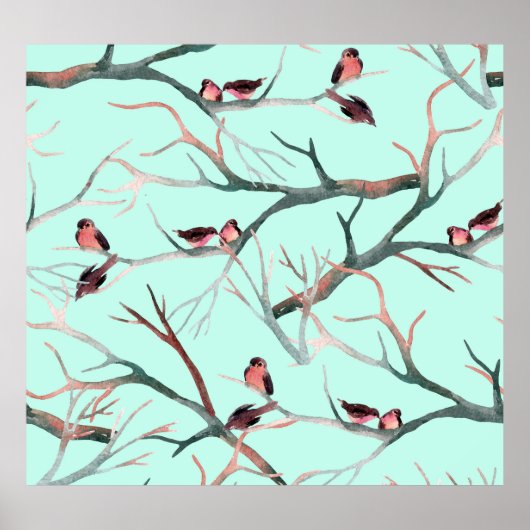 Poster Oiseaux d'hiver Branches de l'arbre Aquarelle (Devant)