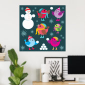 Poster Oiseaux d'hiver Jouer dans la neige avec Snowman (Bureau à domicile)