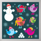 Poster Oiseaux d'hiver Jouer dans la neige avec Snowman (Devant)