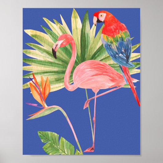 Poster Oiseaux du Paradis ~ Fleur, Flamant rose et Macaw (Devant)