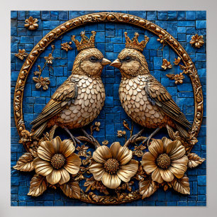 Poster ✨ Oiseaux en mosaïque dorée Couronne royale Symétr