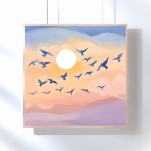 Poster Oiseaux en vol Aquarelle de nature au coucher du