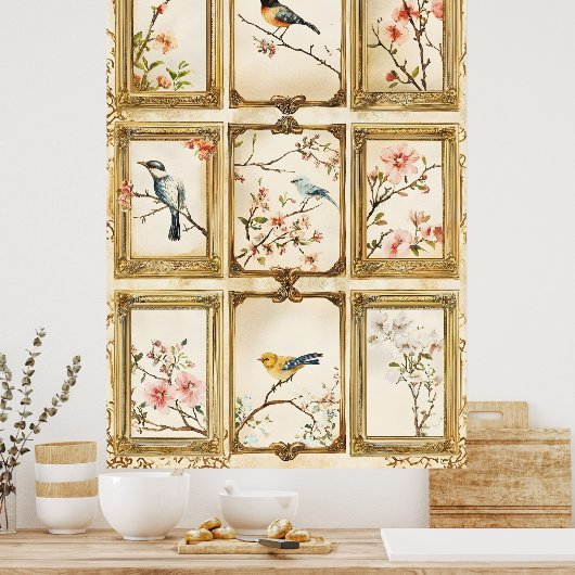 Poster Oiseaux et branches fleuries (cerisier ou pêcher) (Cuisine)