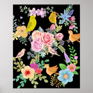 Poster Oiseaux et fleurs colorés et vibrants sur fond noi