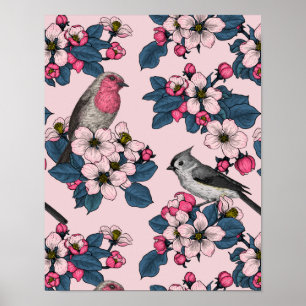 Poster Oiseaux et fleurs roses