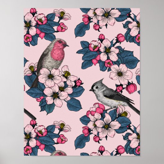 Poster Oiseaux et fleurs roses (Devant)