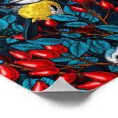 Poster Oiseaux et hanches roses de chien, bleu et rouge (Coin)