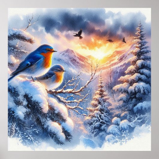 Poster Oiseaux et paysage hivernal 14 (Devant)