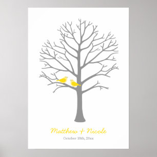 Poster Oiseaux gris jaune Mariage d'arbre d'empreintes di