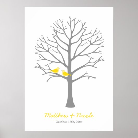 Poster Oiseaux gris jaune Mariage d'arbre d'empreintes di (Devant)