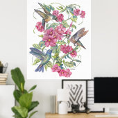 POSTER OISEAUX HUMIDES AUX FLEURS ROSES (Bureau à domicile)