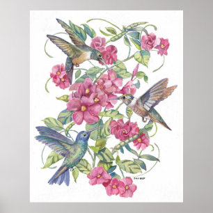 POSTER OISEAUX HUMIDES AUX FLEURS ROSES