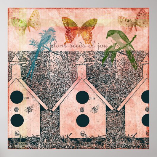 Poster Oiseaux inspirés avec des maisons d'oiseaux (Devant)