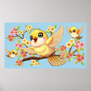 Poster Oiseaux mignons et heureux parmi les fleurs du pri
