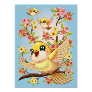 Poster Oiseaux mignons et heureux parmi les fleurs du pri