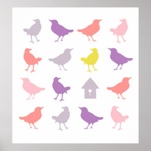 Poster Oiseaux pastel rose et violet avec nichoir