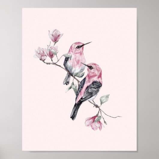 Poster Oiseaux roses et noirs sur une branche d'arbre (Devant)