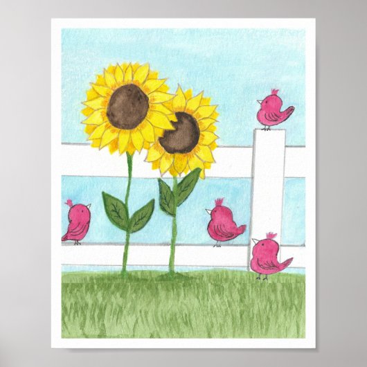Poster Oiseaux roses & tournesols (Devant)