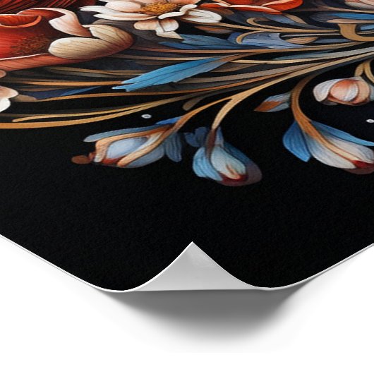 Poster Oiseaux rouges Fleurs rouges Fleurs bleues (Coin)