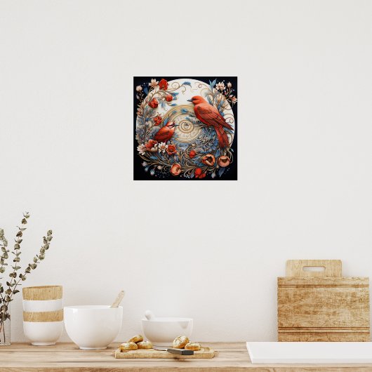 Poster Oiseaux rouges Fleurs rouges Fleurs bleues (Cuisine)