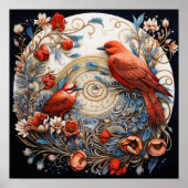Poster Oiseaux rouges Fleurs rouges Fleurs bleues (Devant)