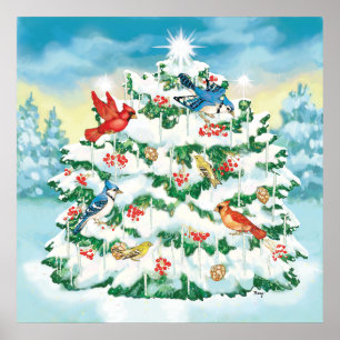 Poster Oiseaux sauvages en nature avec l'arbre de Noël