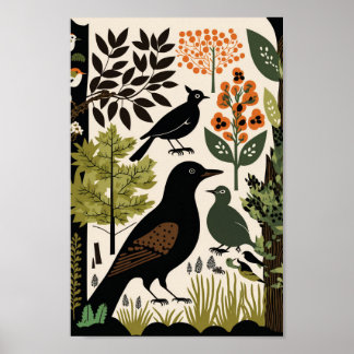 Poster Oiseaux scandinaves danois Floral Flower Art Impri