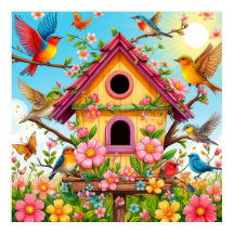 Oiseaux se perchant autour d'une maison d'oiseaux