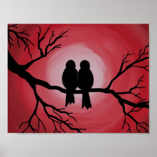 Poster Oiseaux sur branche d'arbre. Coucher du soleil, si