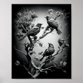 Poster Oiseaux Sur Les Branches D'Arbre Oiseaux Noirs Et  (Devant)