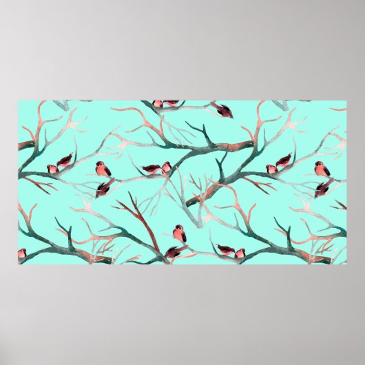 Poster Oiseaux sur les branches de l'arbre aquarelle pein (Devant)