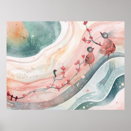 Poster Oiseaux sur une branche de cœur (Devant)